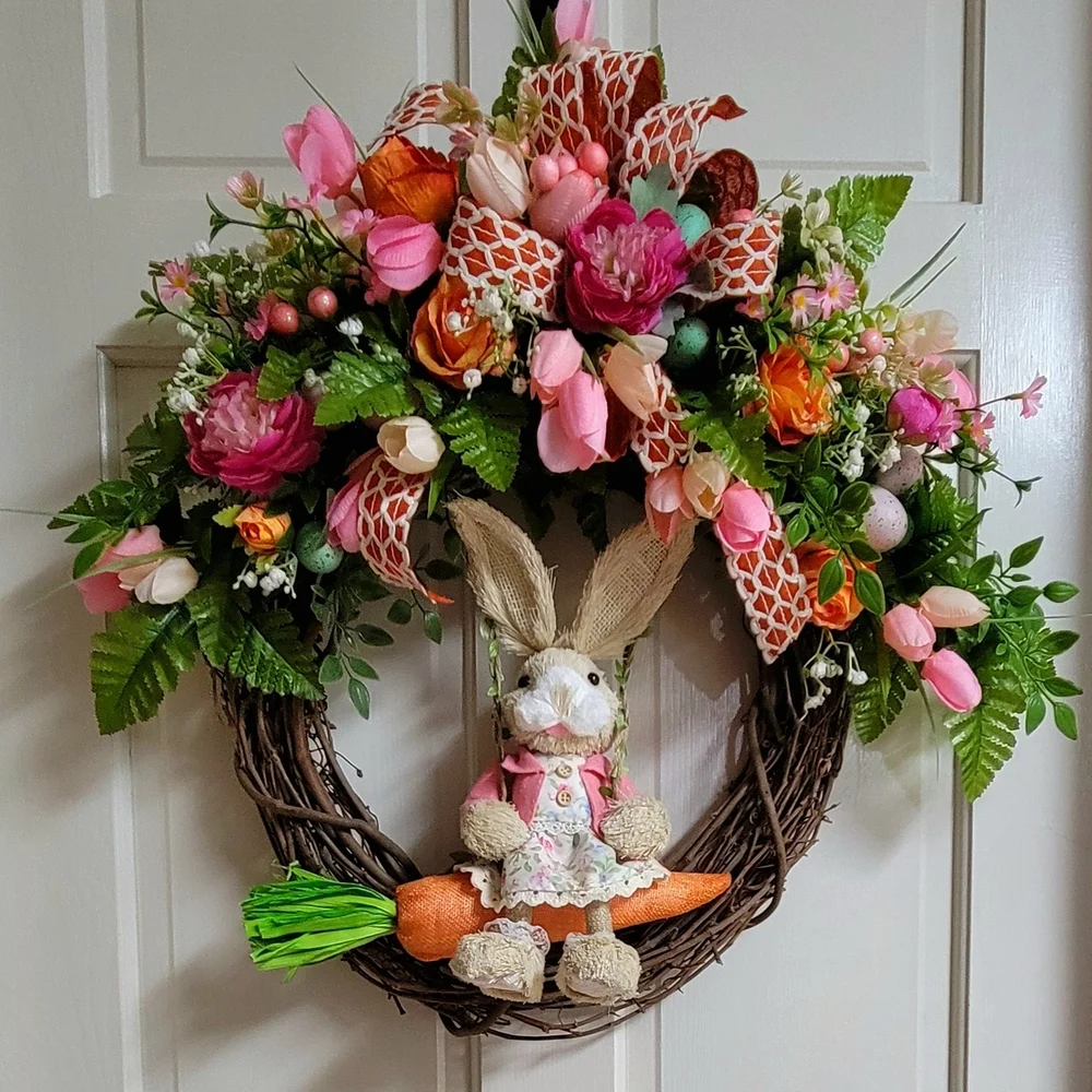Spring Bunny Floral Door Wreath - Pink & Orange